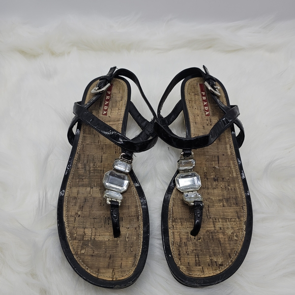 Prada Black Sandals Glossy Ankle Wrap Design - Picture 1 of 7